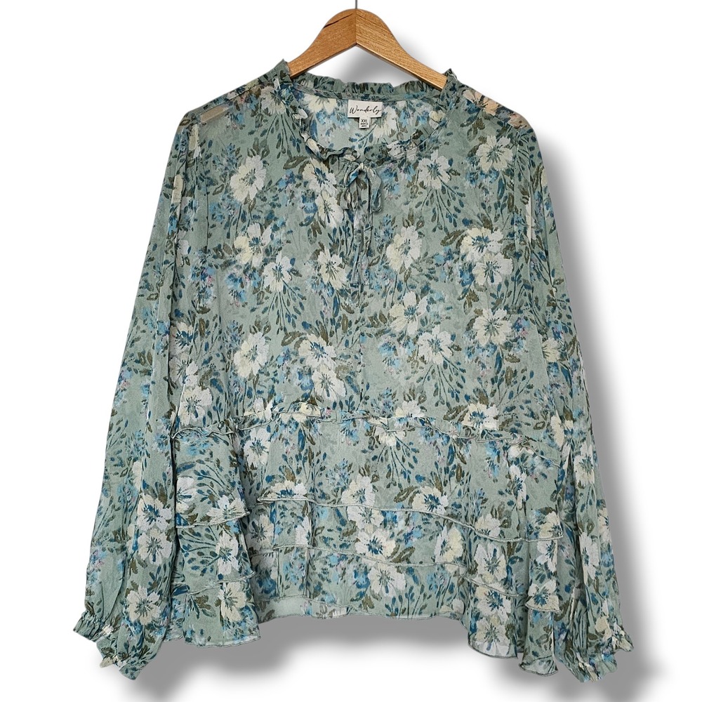 Wonderly Top XXL Womens Green Floral Tiered Ruffle Chiffon Cottage Garden Dainty